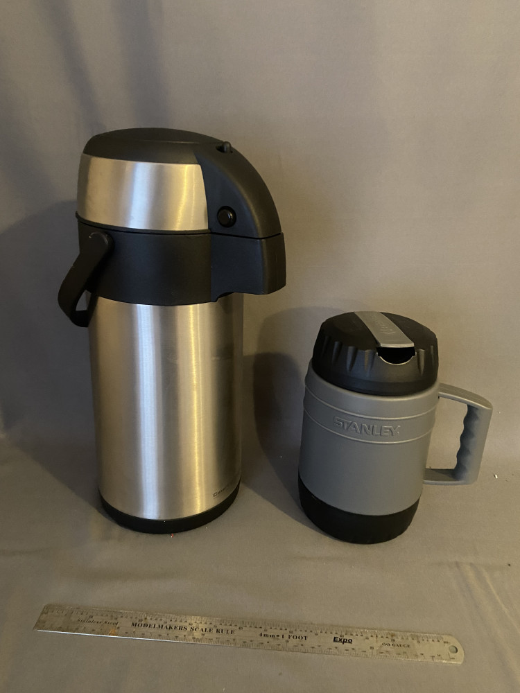 Stainless steel airpot and large Stanley thermos mug