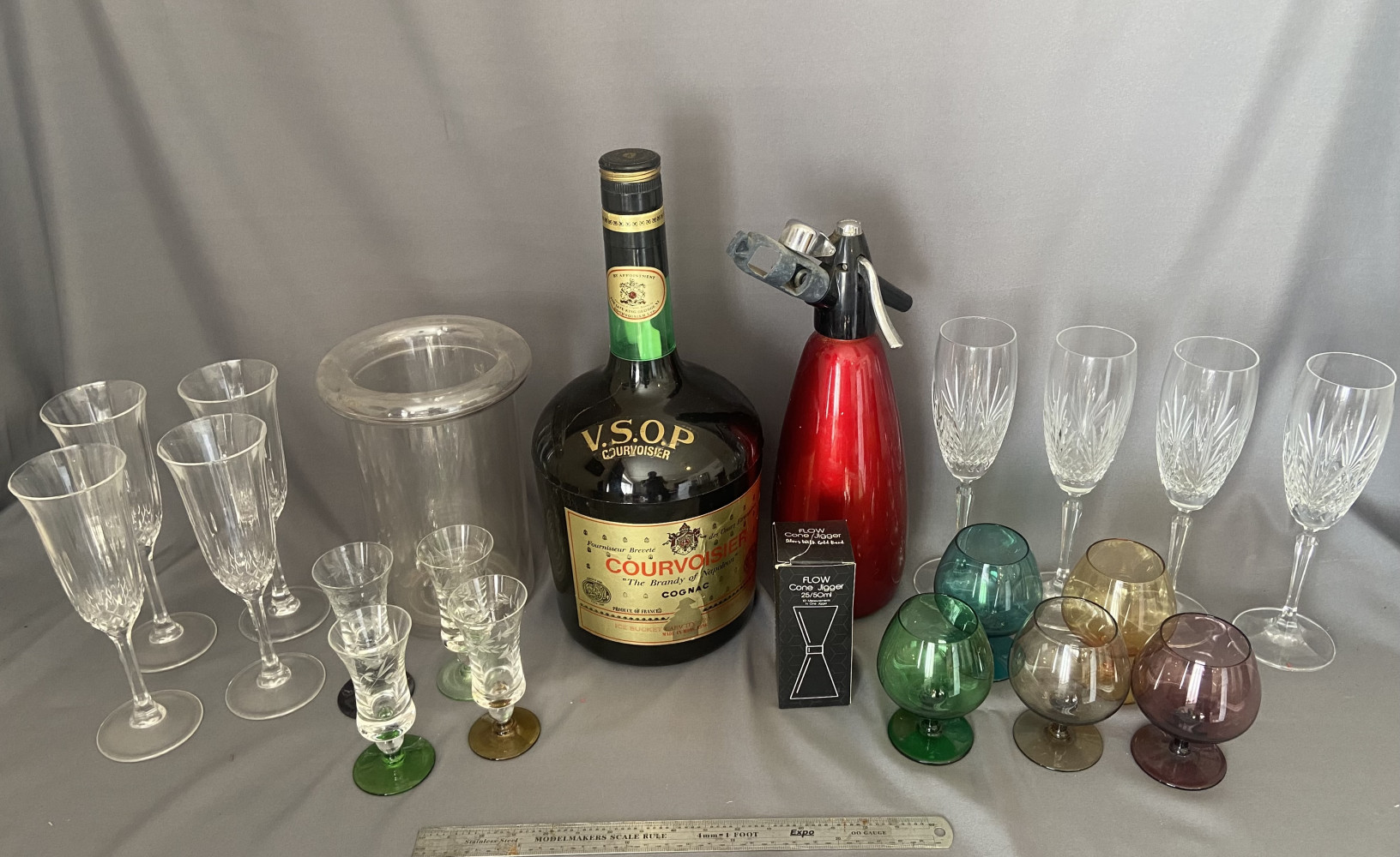 Mixed barware items including Courvoisier V.S.O.P. Cognac ice bucket with crack on lid as shown in last picture
