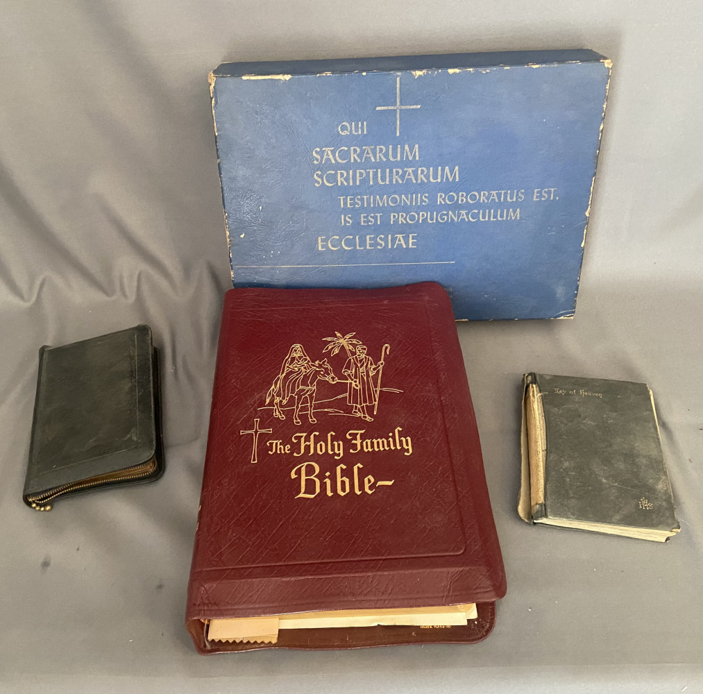 Family bible in box and two other bibles