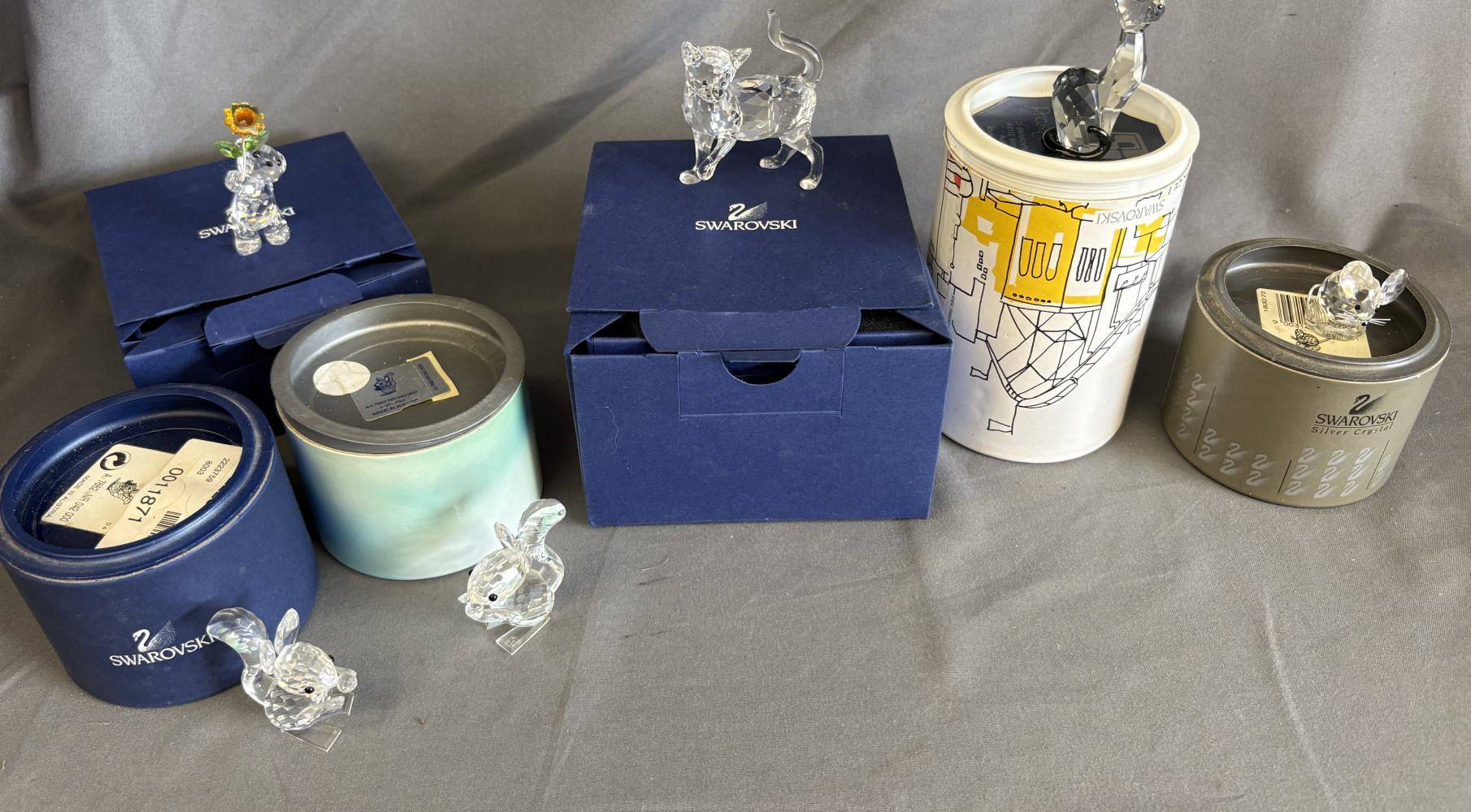 Swarovski Figurines ,842934 Kris Bear, Woodland Friends squirrels 011871, Mother Cat 861914, Lovlots Siamese Cat 995008, and small mouse 183272