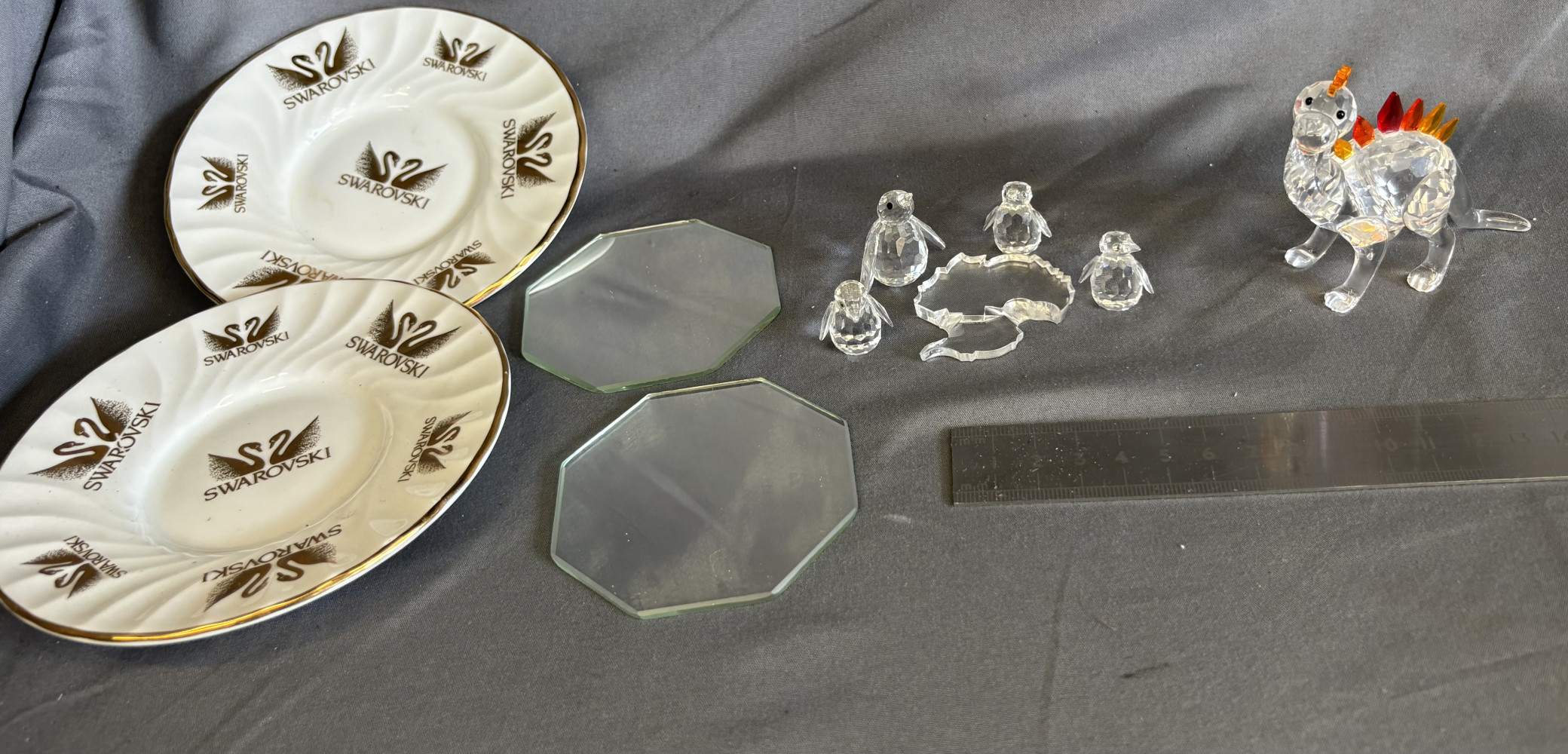 Swarovski Crystal, Dino Dinosaur 268204, Penguin babies 209588, Penguin Mini figurine 010027 and two plates and two mirrors