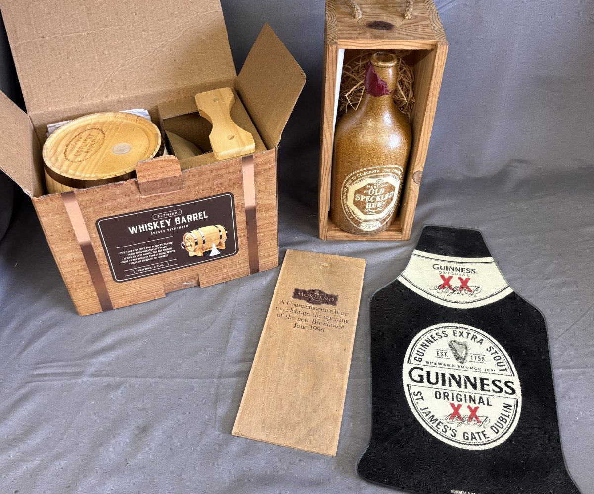 Whiskey barrel, Guinness glass Matt and empty collectable bottle