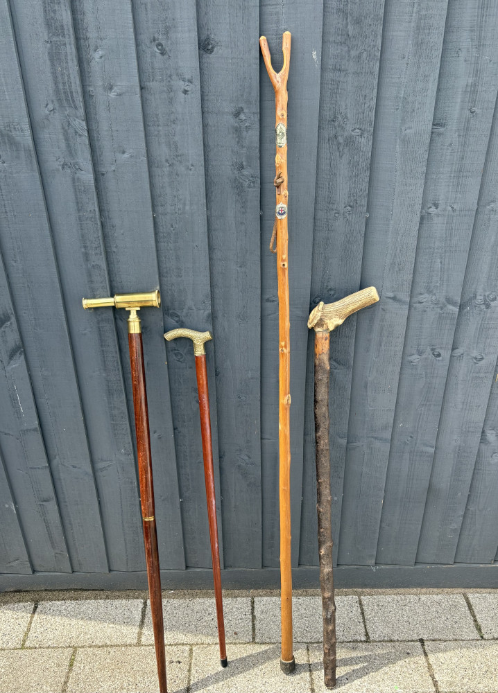 Walking pole with collectable badges, antlers topped stick and two brass topped sticks one with a telescope