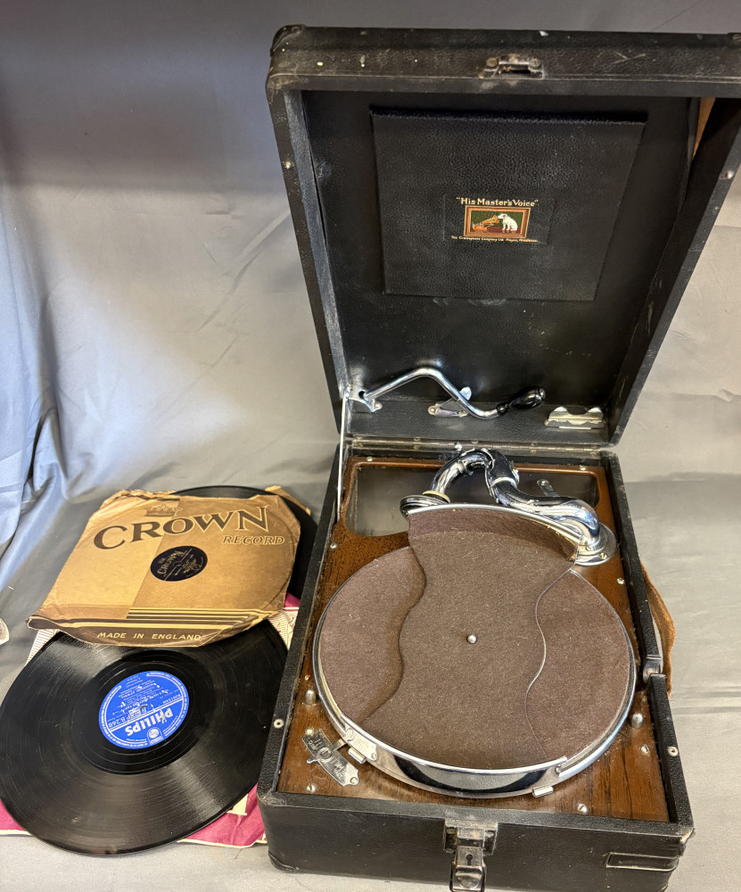 His Master's Voice (HMV) Model 102 portable gramophone with lot of records