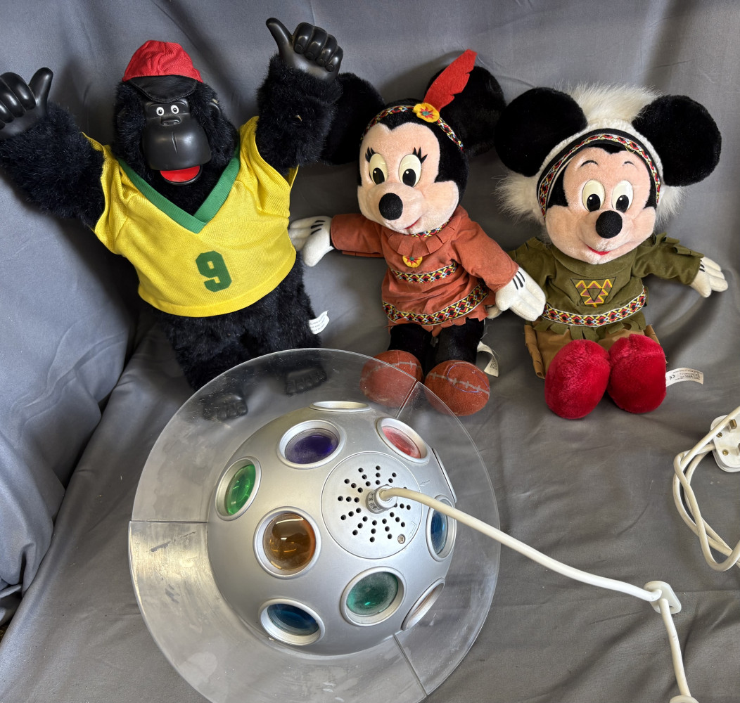 Vintage IKEA Blimp pendant lamp, vintage Euro Disney Native American-themed Mickey and Minnie Mouse plush, vintage 1990s animated "Magogo" gorilla