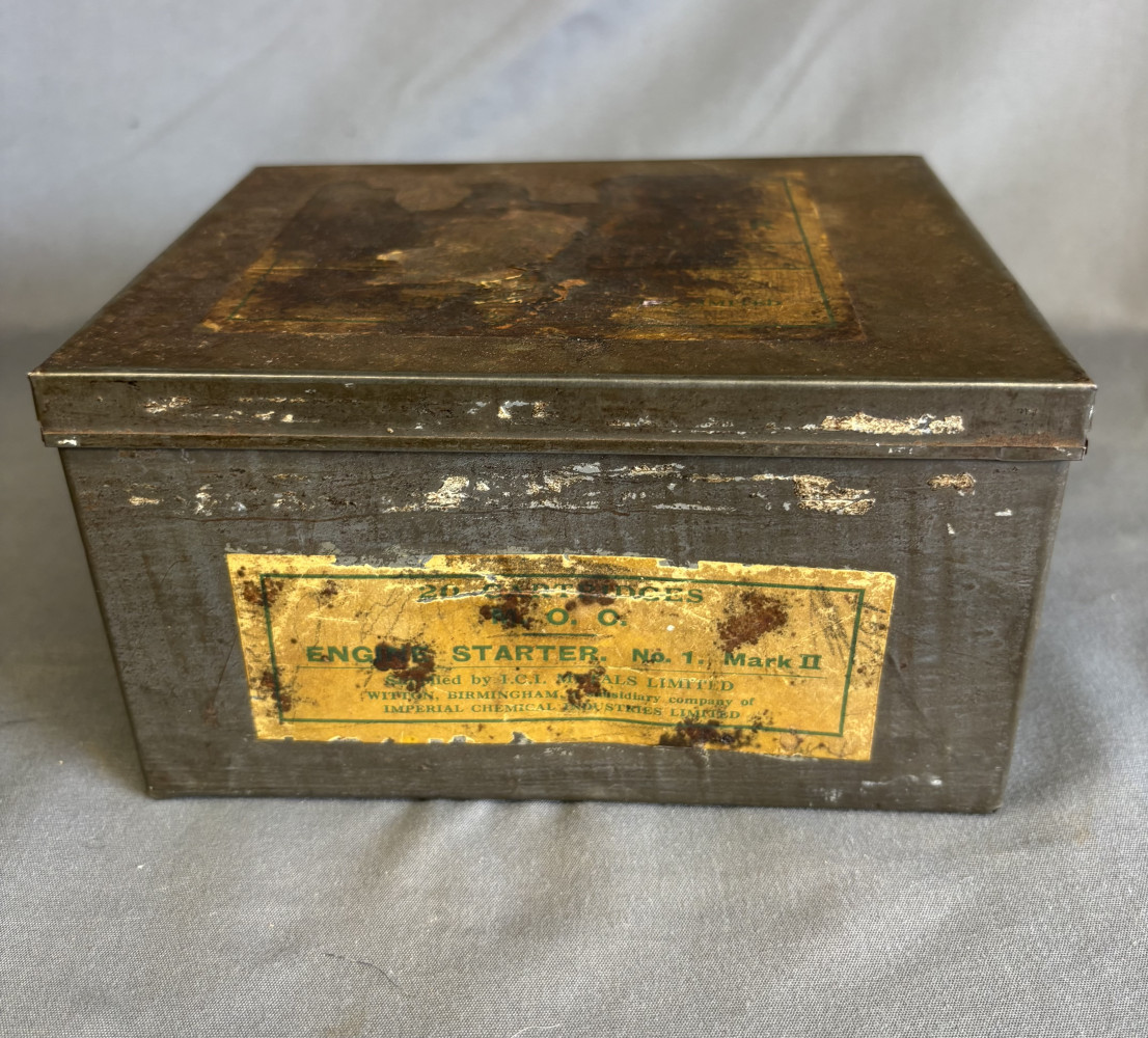 Vintage I.C.I. Metals Limited "Engine Starter No. 1 Mark II" tin. Used for SPITFIRE planes during WII