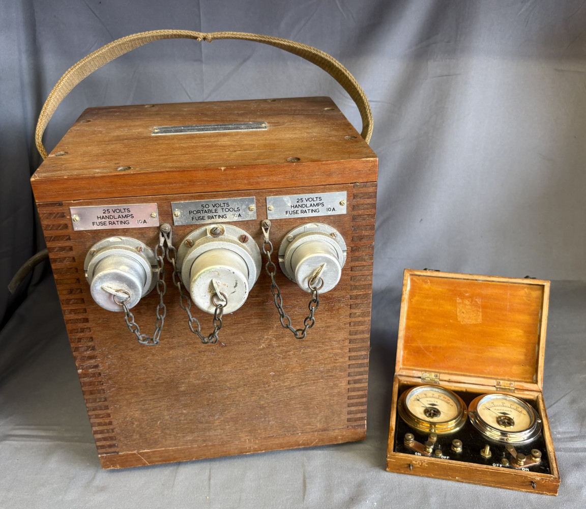 Vintage electrical transformer unit and A pair of amperes and volts gauges in fitted wooden box dial glass A/F