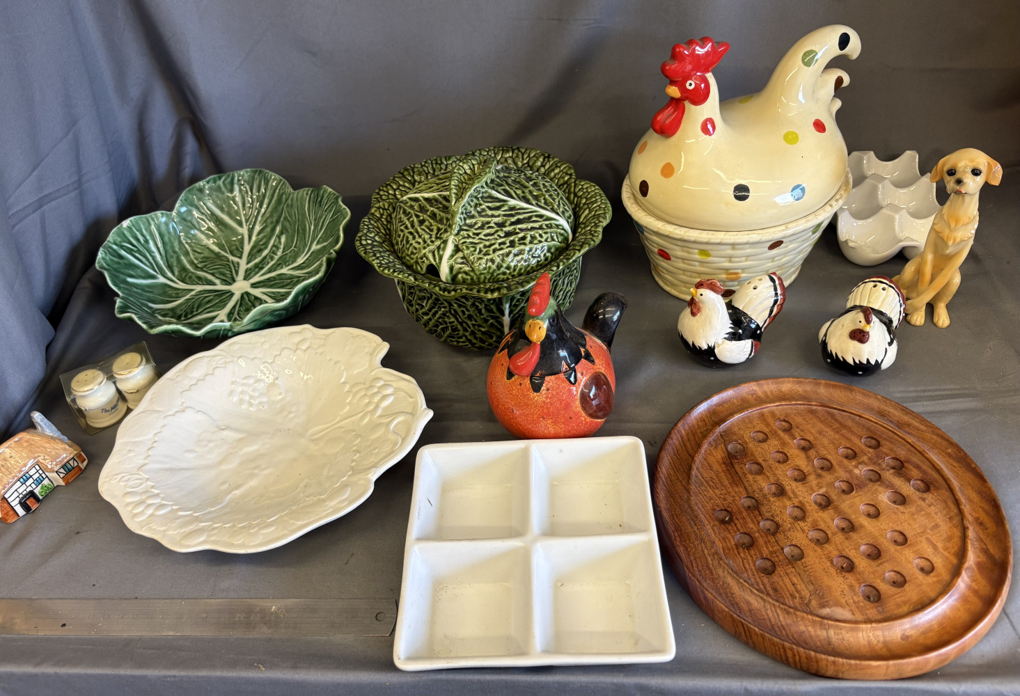 Mixed China, chicken salt and pepper, egg holders, and other China items