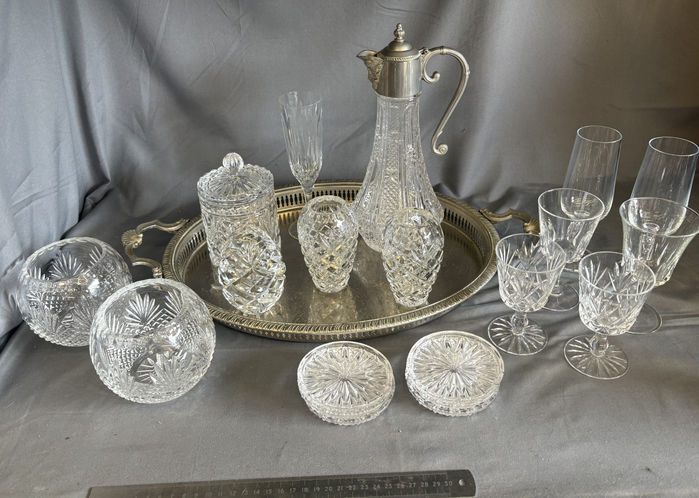 Plated tray and jug along with quality crystal and glass items