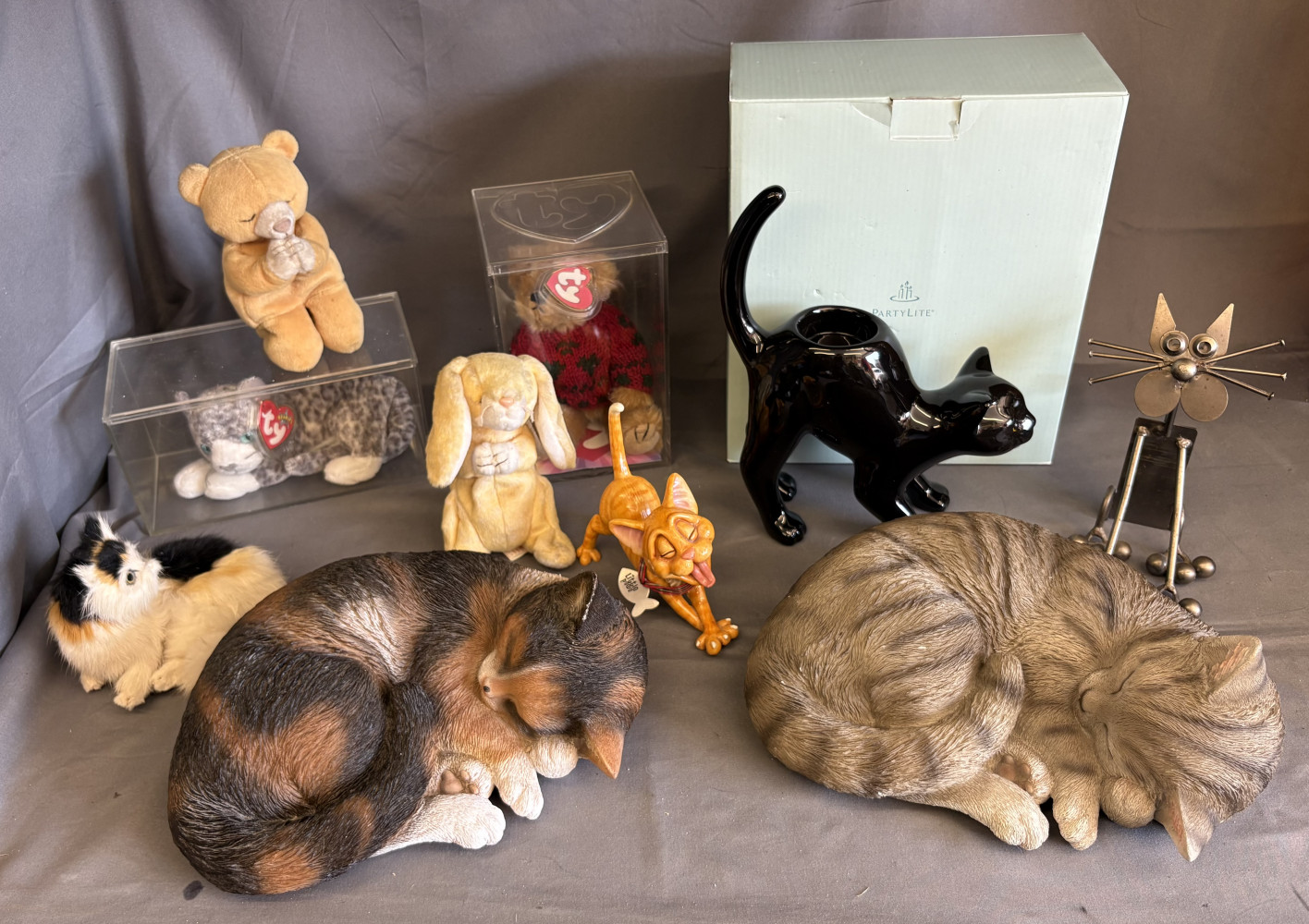 2 sleeping cats, collectable teddys, party lite cat and other cat items