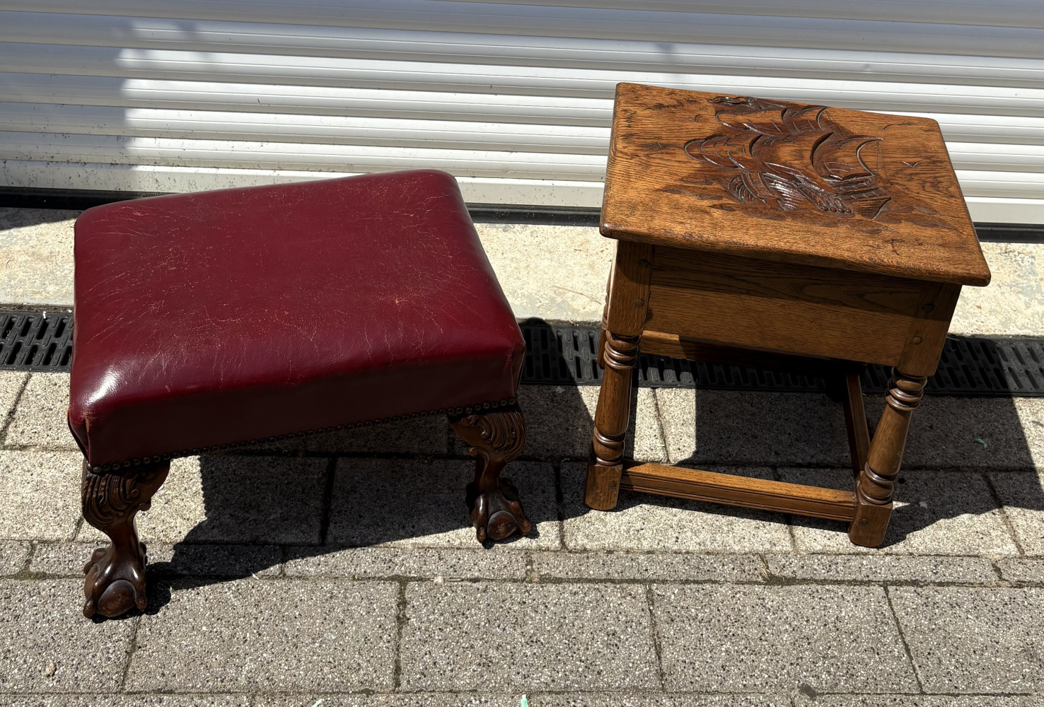 Carved Top Oak sewing table with sewing items and Antique carved English claw & ball feet footstool Ox blood leather