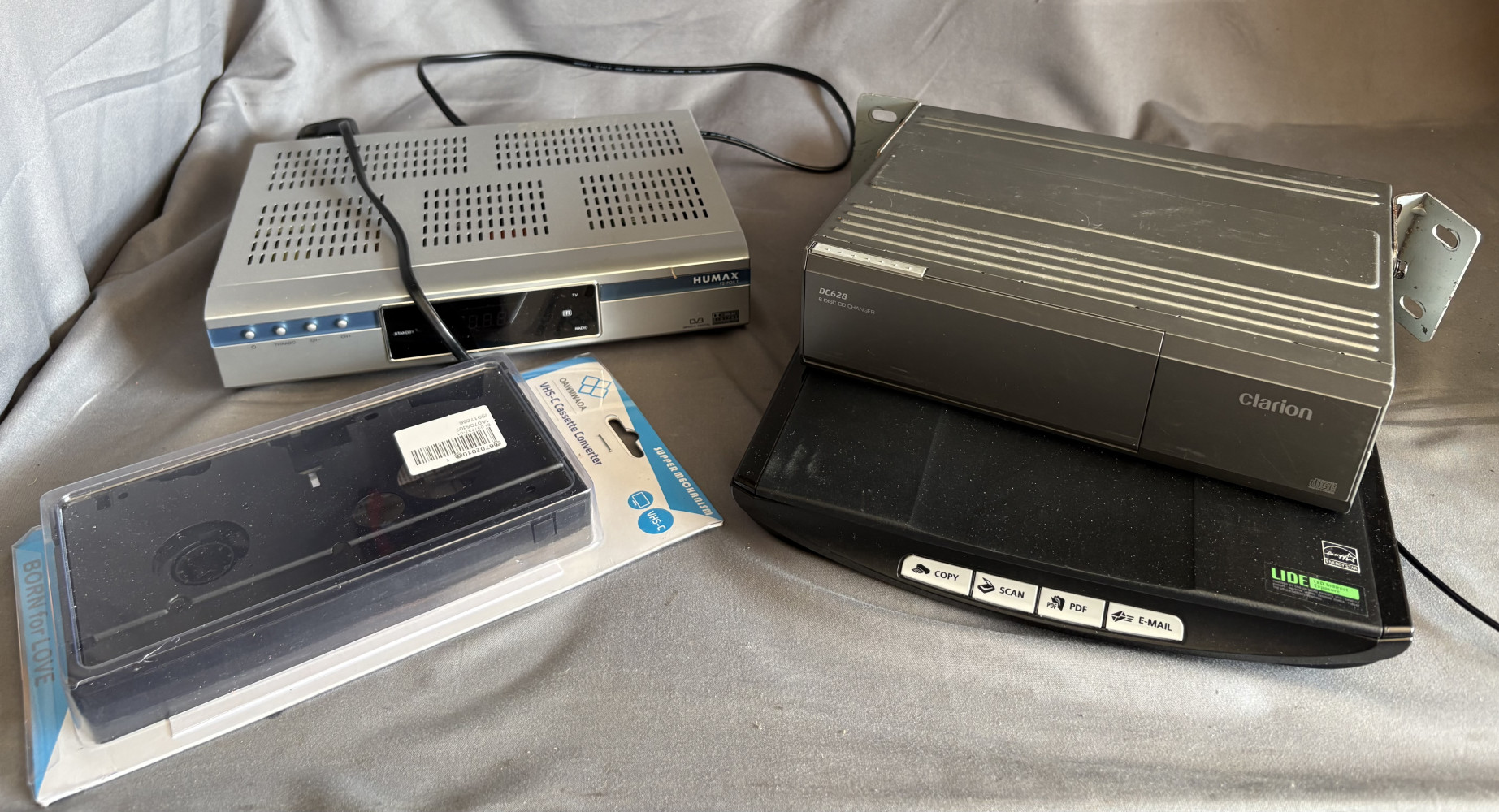 A Clarion DC628 6-disc CD changer, scanner, VHS tape converter and a Humax F2-FOX T digital terrestrial set-top box
