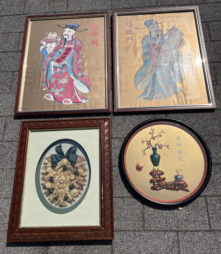 2 Chinese decorative pictures 70 x 55 cms, round 3D wall hanging and 3D flower wall hanging