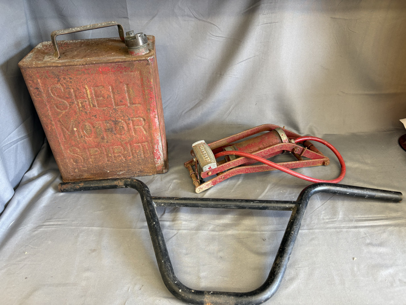 Shell Petrol Can with original cap, rare standard foot pump and set of handlebars
