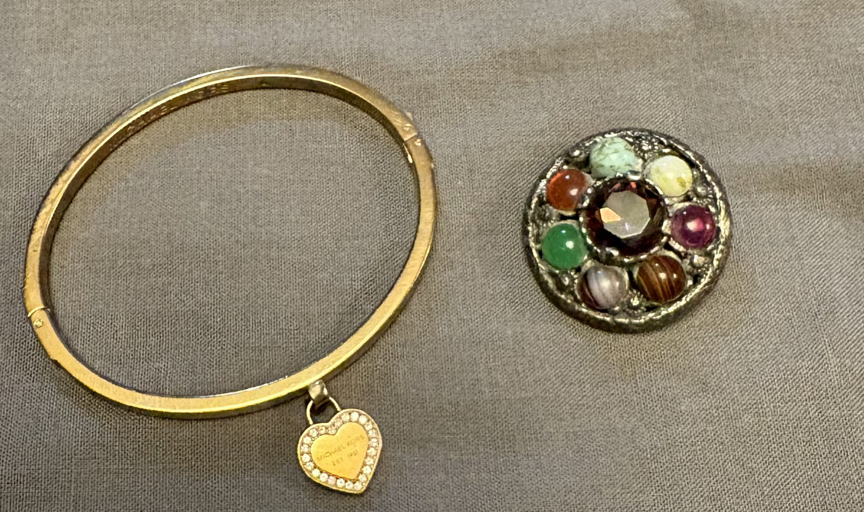 Michael Kors bangle bracelet featuring a heart charm and beautiful Celtic pendant brooch