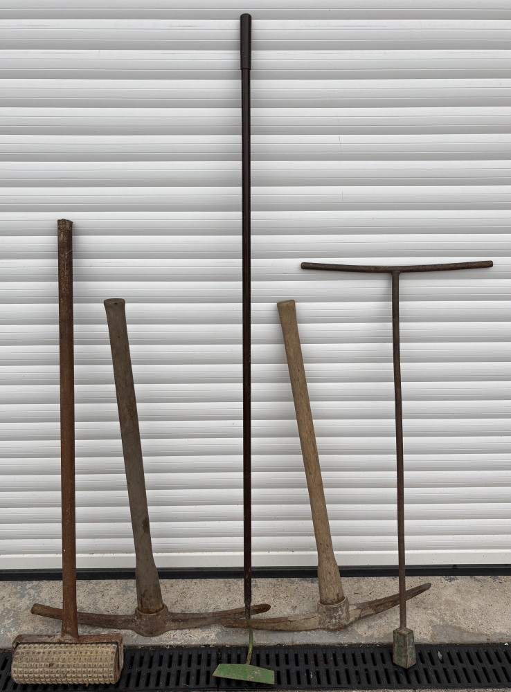 2 Pickaxes, drain key, concrete pattern roller and garden tool
