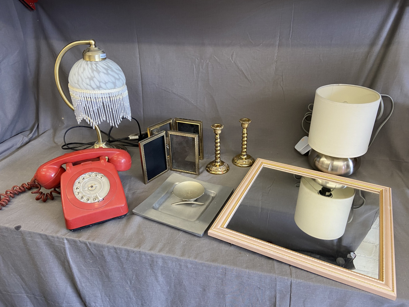 Mixed lots including red telephone and brass candlesticks