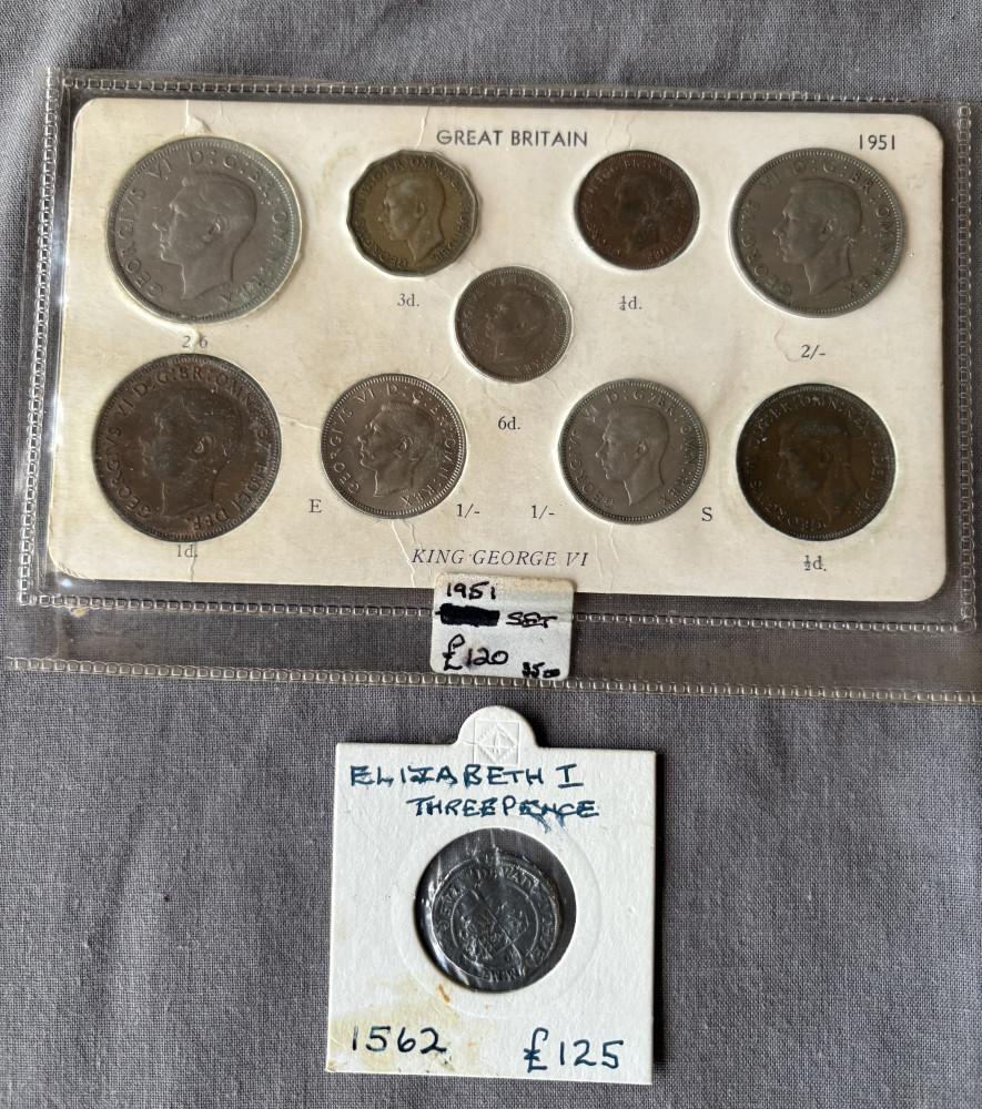 Set of collectors coins a 1562 three pence piece from a deceased dealer