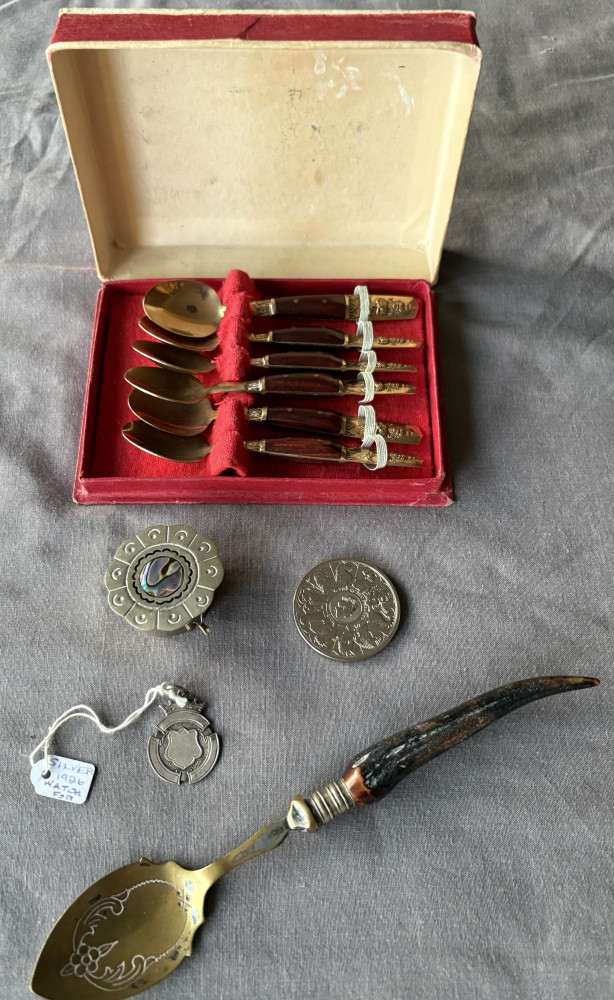 Little silver 1926 watch fob, Mexican Alpaca silver pot, silver coin and mixed spoons
