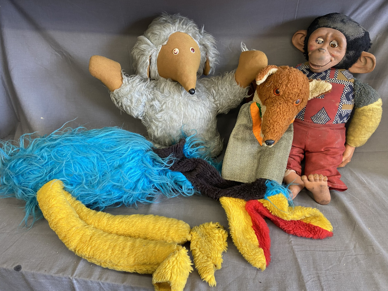 Original Womble, basil brush and Emu puppets and monkey toy