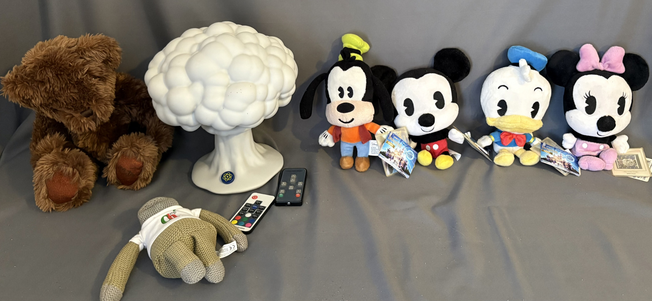 Fallout Atomic Blast lamp, teds and Disney plush with labels