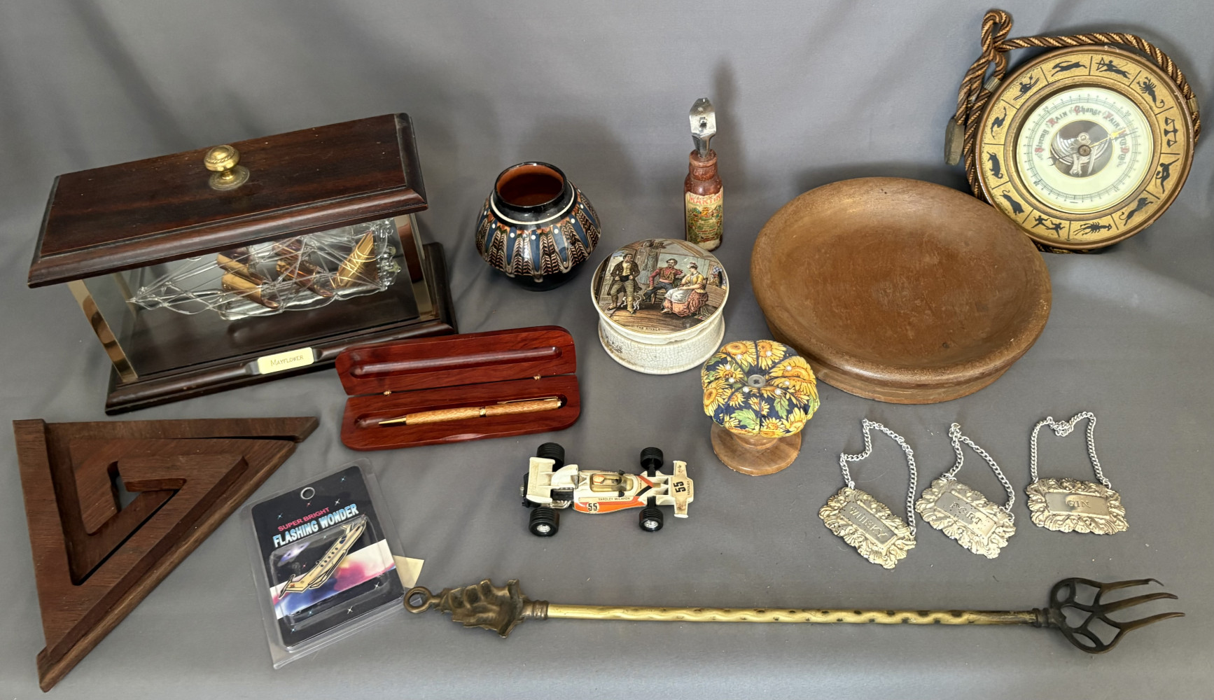 Mixed household lot, glass ship in case, wooden items, corgi car and other sundries