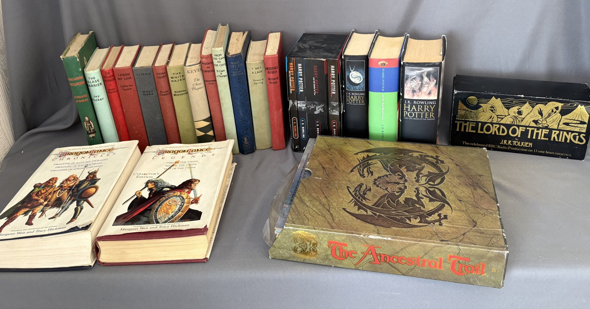 Harry Potter books, lord of the rings tape set, fantasy books and other vintage hardback books