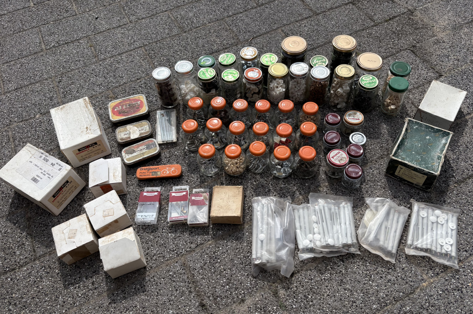 Large lot of fixings, screws, nails, and caps, ones man’s life time collection of what he might need one day
