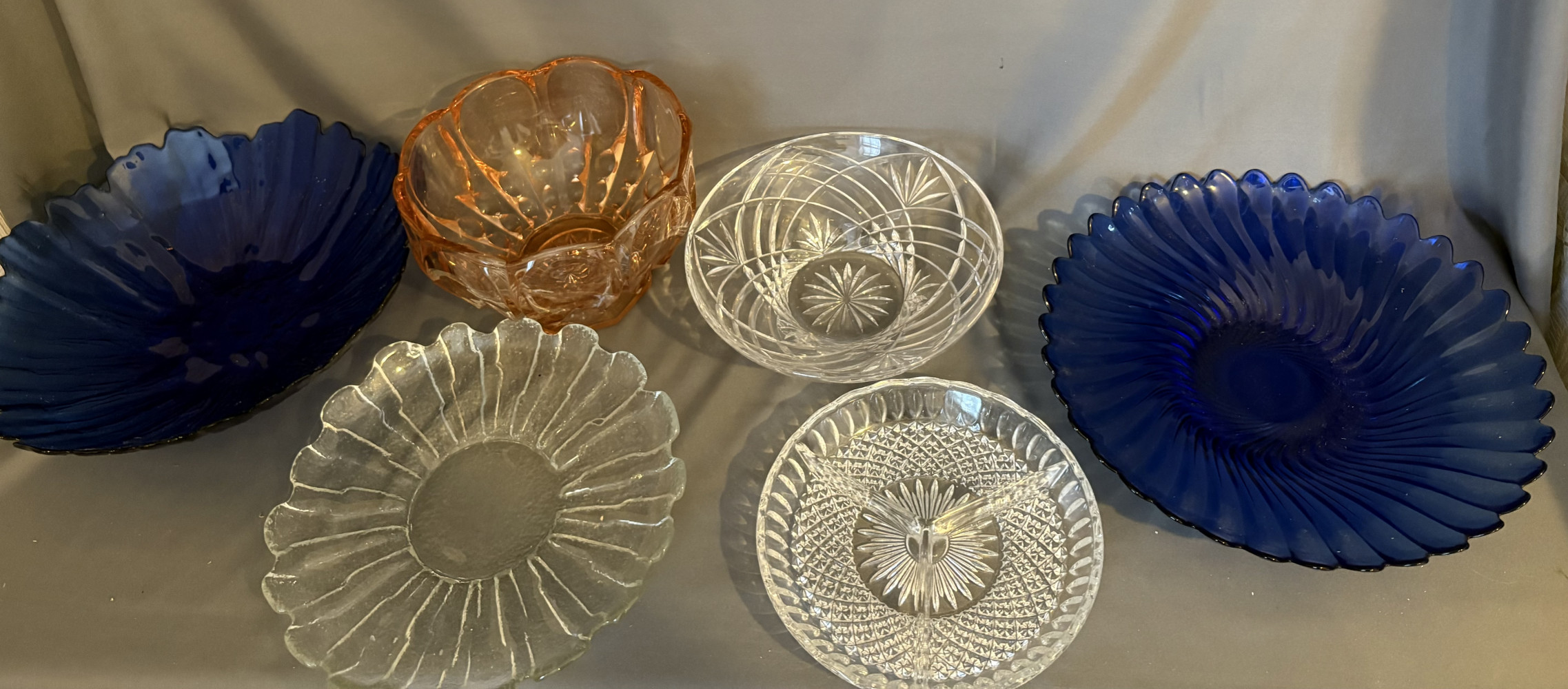 Large glass, crystal and coloured glass bowls, largest blue one is 34cms dia