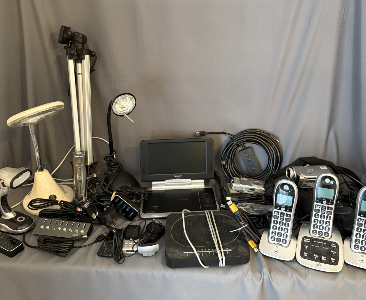 Large lot of electrical items, camcorder, digital camera, house hold phones, leads and lamps