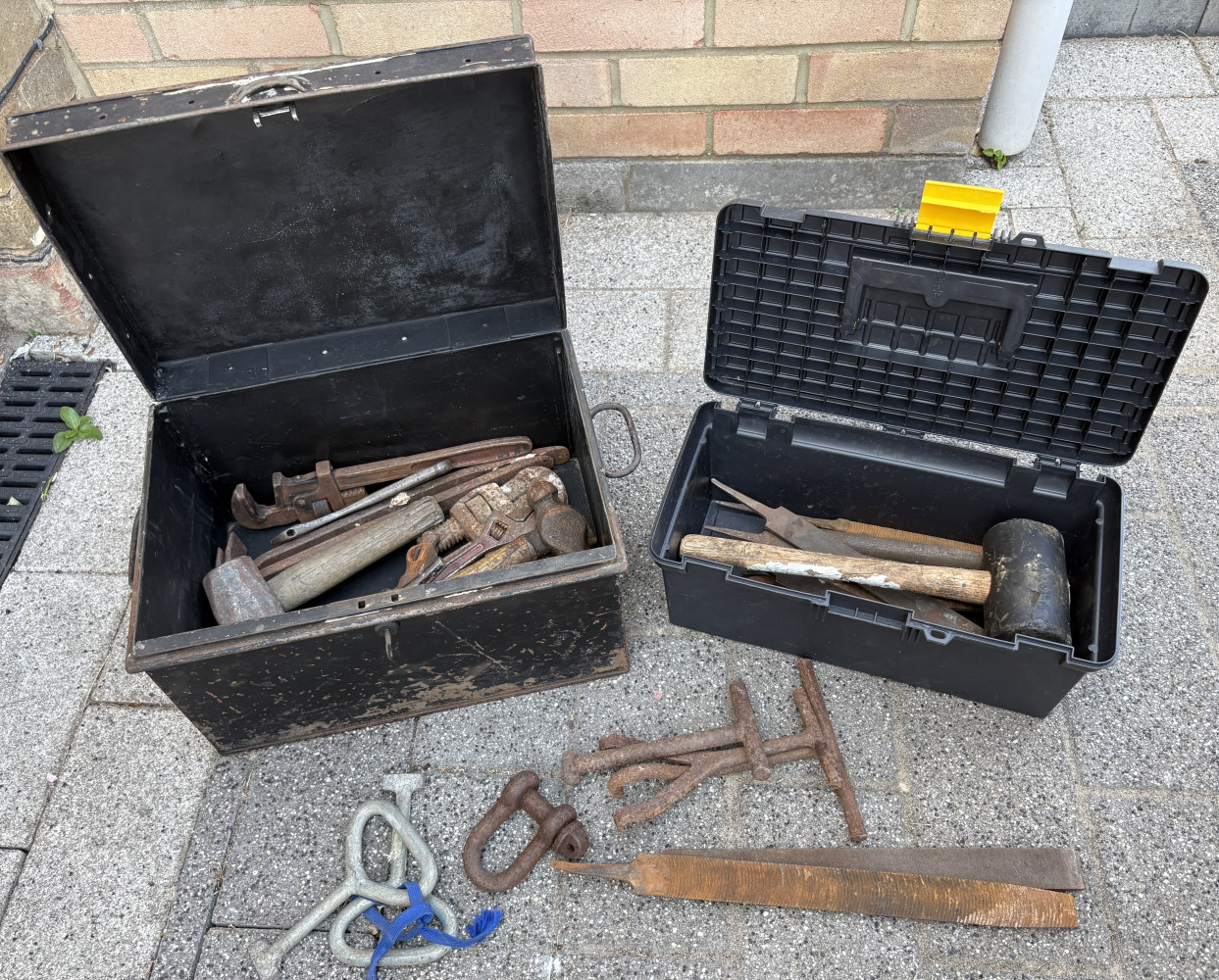 WWII Era metal box with key full of heavy tools, hammers, record wrenches, and smaller box full of files and other tools