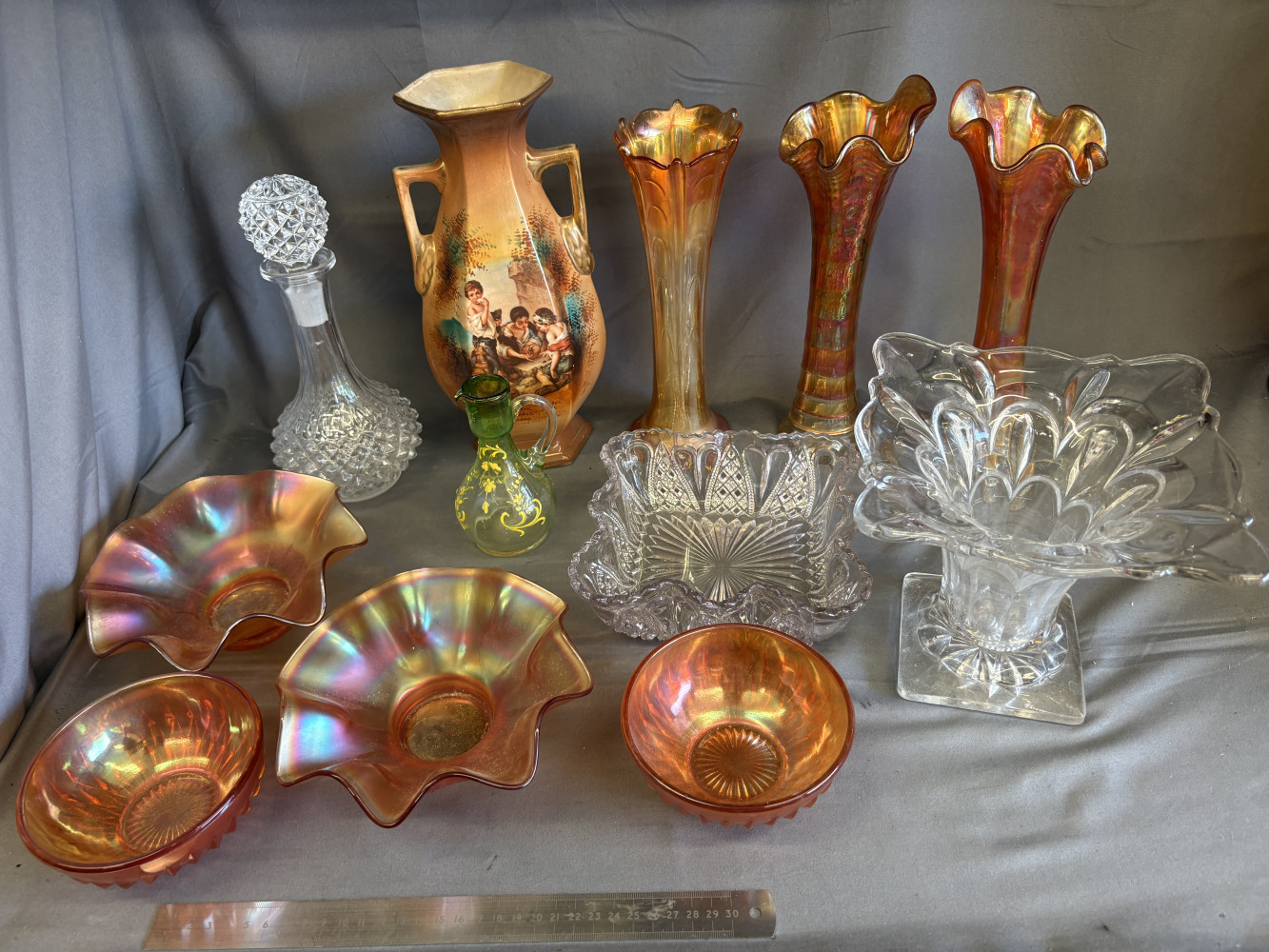 Carnival glass vases and bowls, mixed glass and crystal and decanter