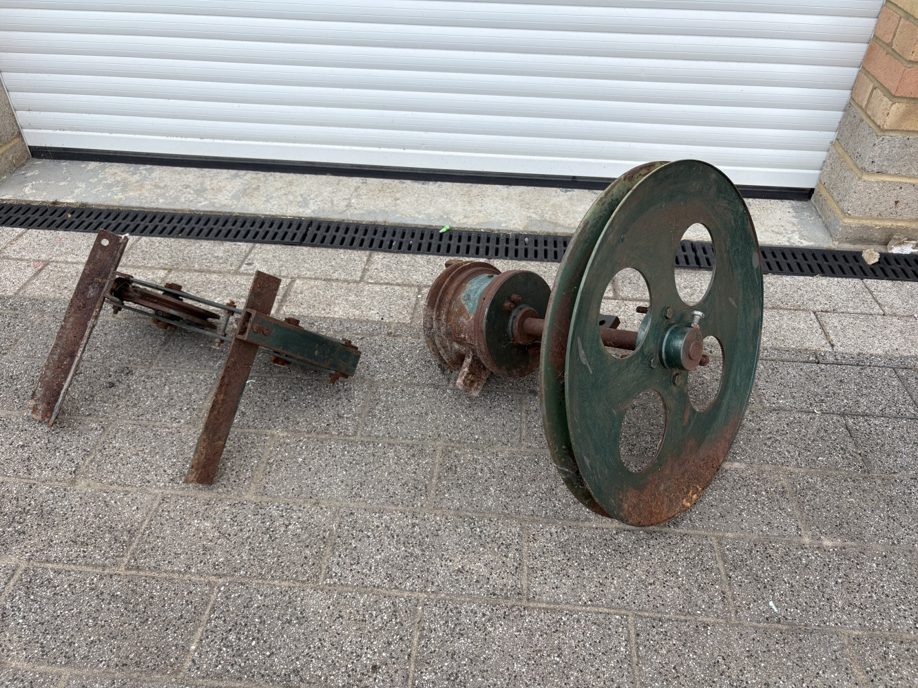 Large sculptural metal items large pulley 54 cms dia