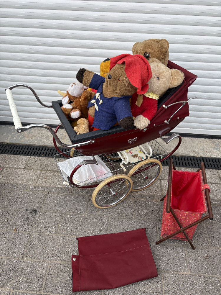 Vintage burgundy Silver Cross dolls' pram, Paddington Bear, Rupert bear, Pooh Bear and other vintage teds