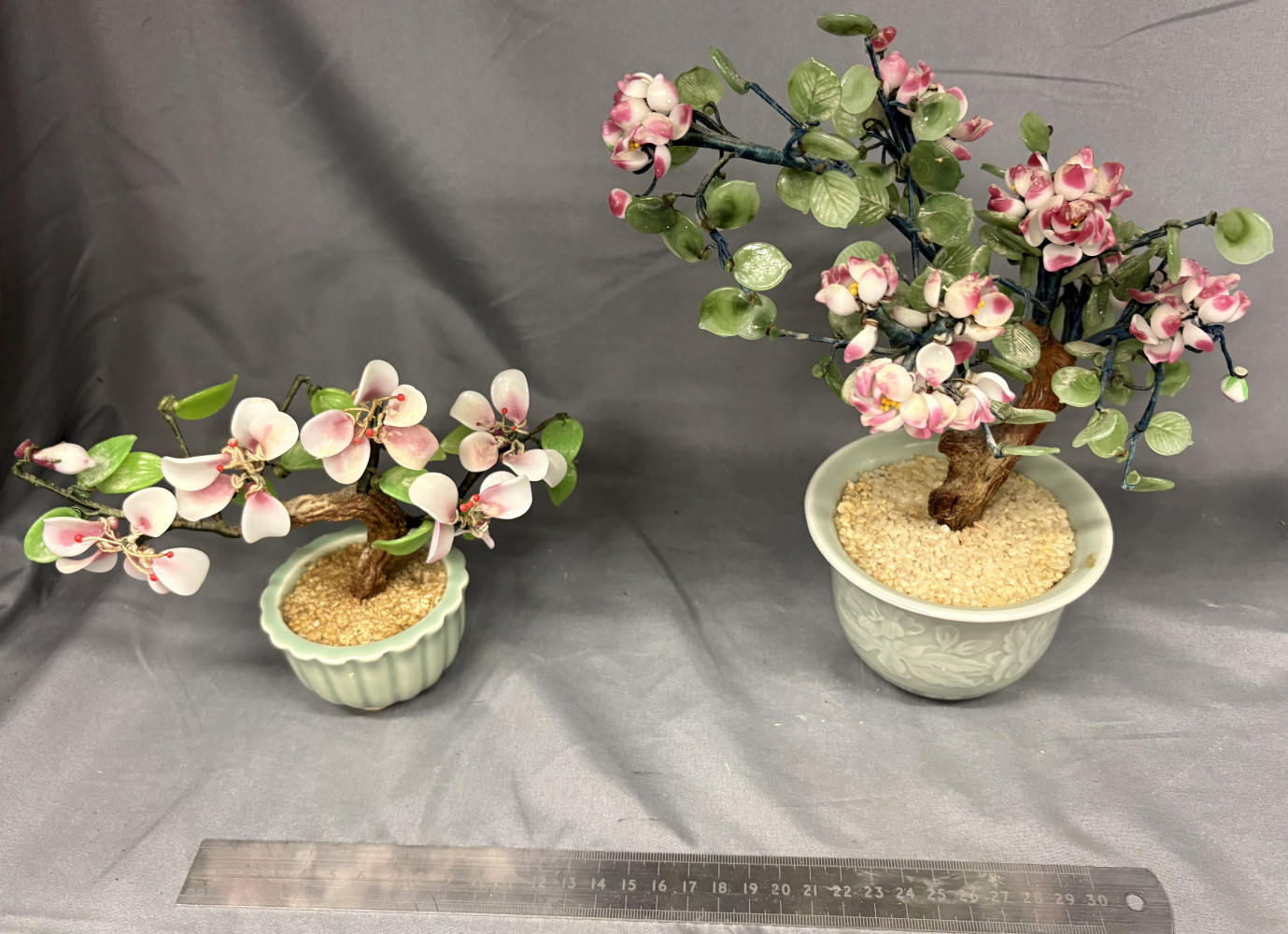 Two Vintage Glass Cherry Blossom Bonsai Tree -Art Decor Flowers Leaves