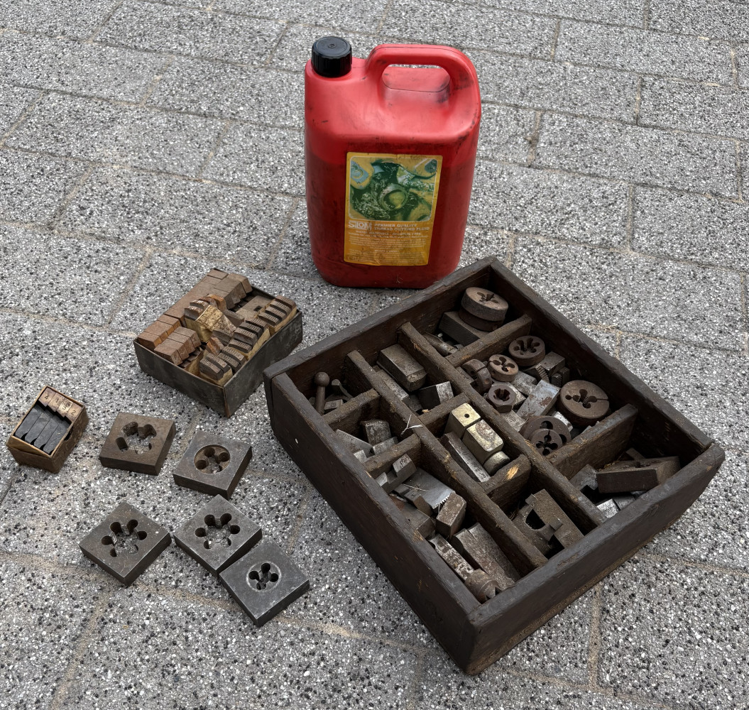 Threading Dies, vintage wooden box contains a large collection of industrial metalworking taps and dies and cutting fluid