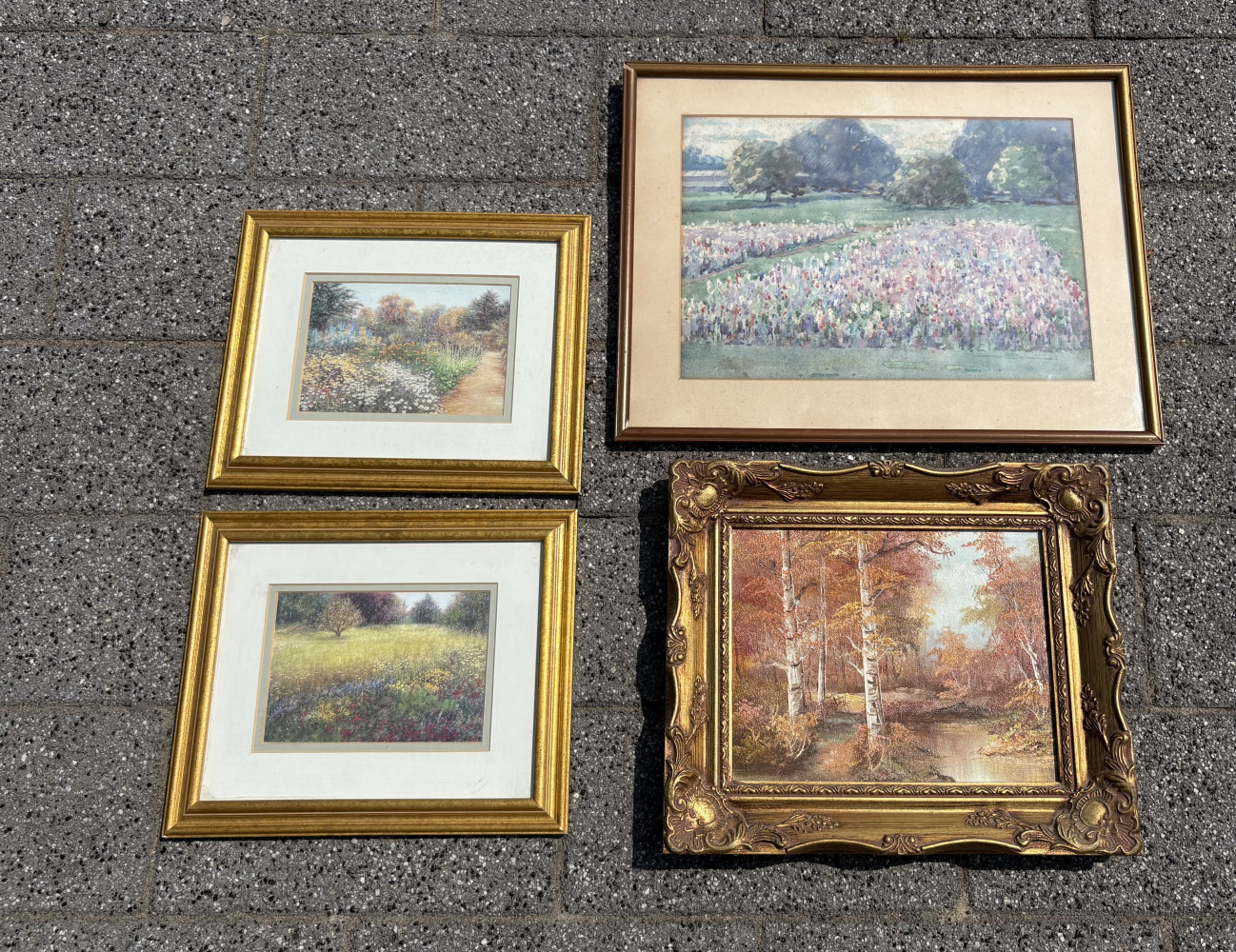 Signed oil painting 34 x 29 cms, watercolour and two framed landscaped pictures