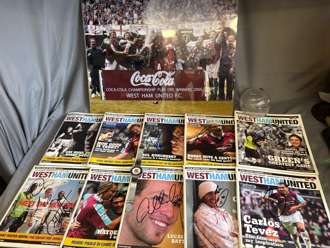 10 signed West Ham programmes Carlos Tevez, Bobby Zomora, Teddy Sherringham amongst others a West Ham watch and picture