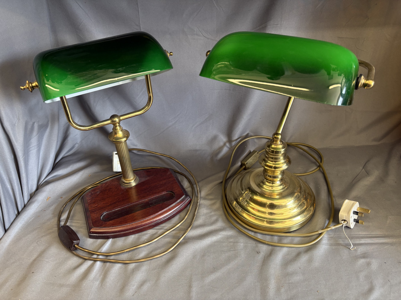 2 bankers lamps one brass one wooden base
