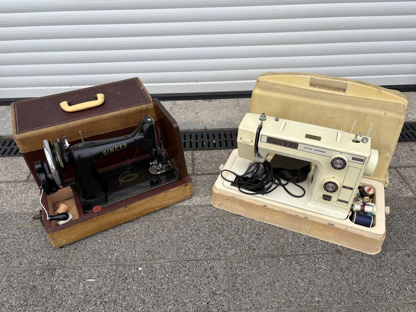 Two sewing machines one Singer and one New Home sewing machine,