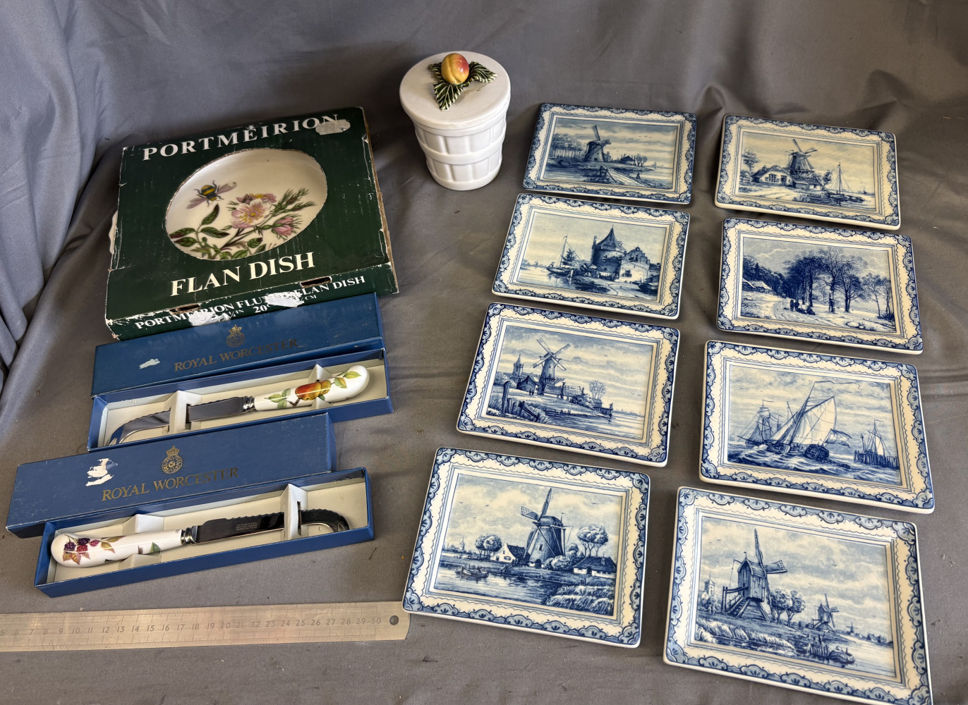8 Royal Delft Windmill Wall hanging Square Plates, 2 royal Worcester cheese knives, Portmeirion dish and other pot