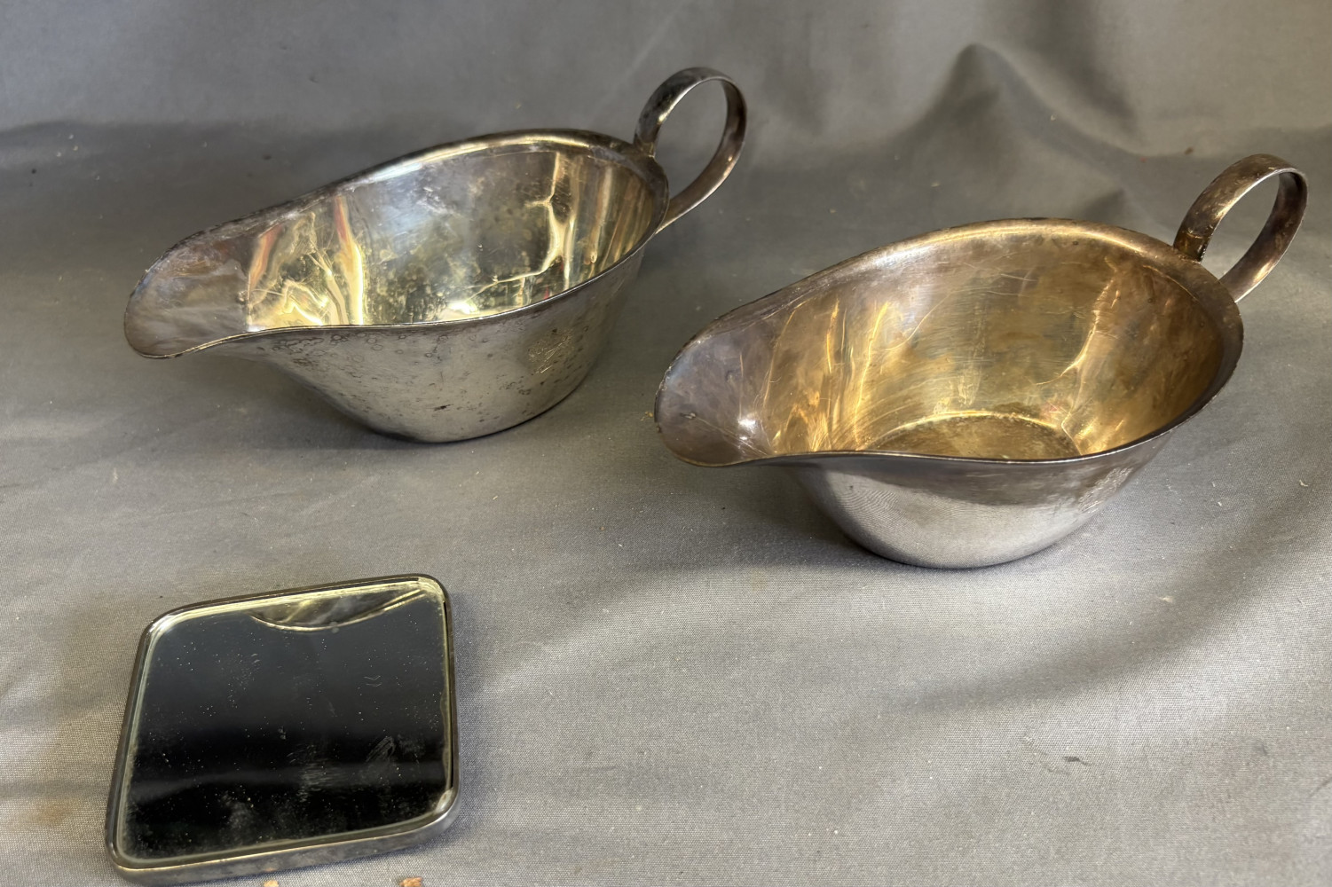 2 First Class British Airways Silver plated Gravy Boats with Landor Coat of arms and small Art Deco compact mirror