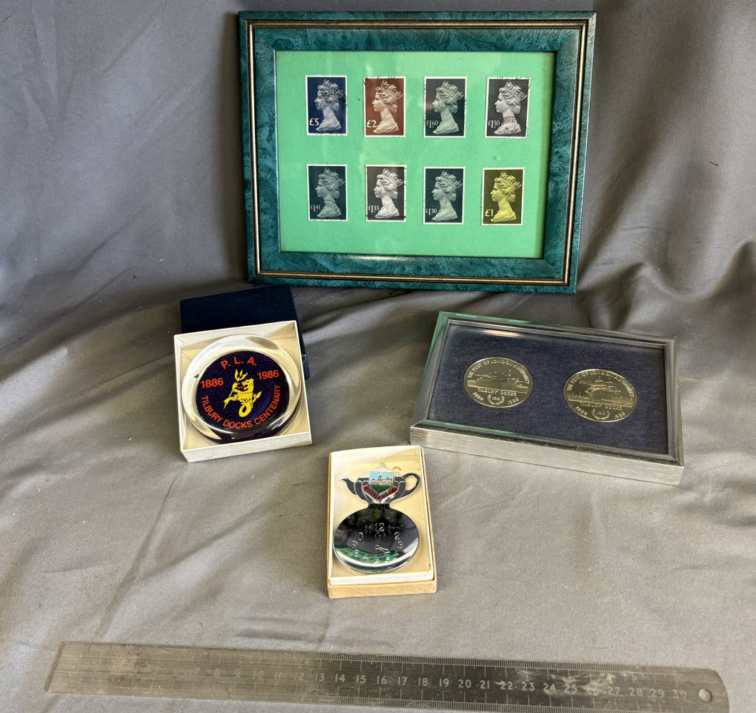 Tilbury docks centenary coins and paperweight, framed stamps and souvenir spoon