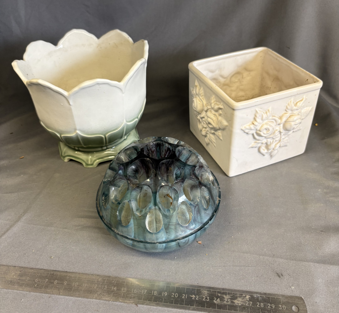 Vintage Davidson Cloud Glass flower frog in a blue marbled finish And two ceramic vases