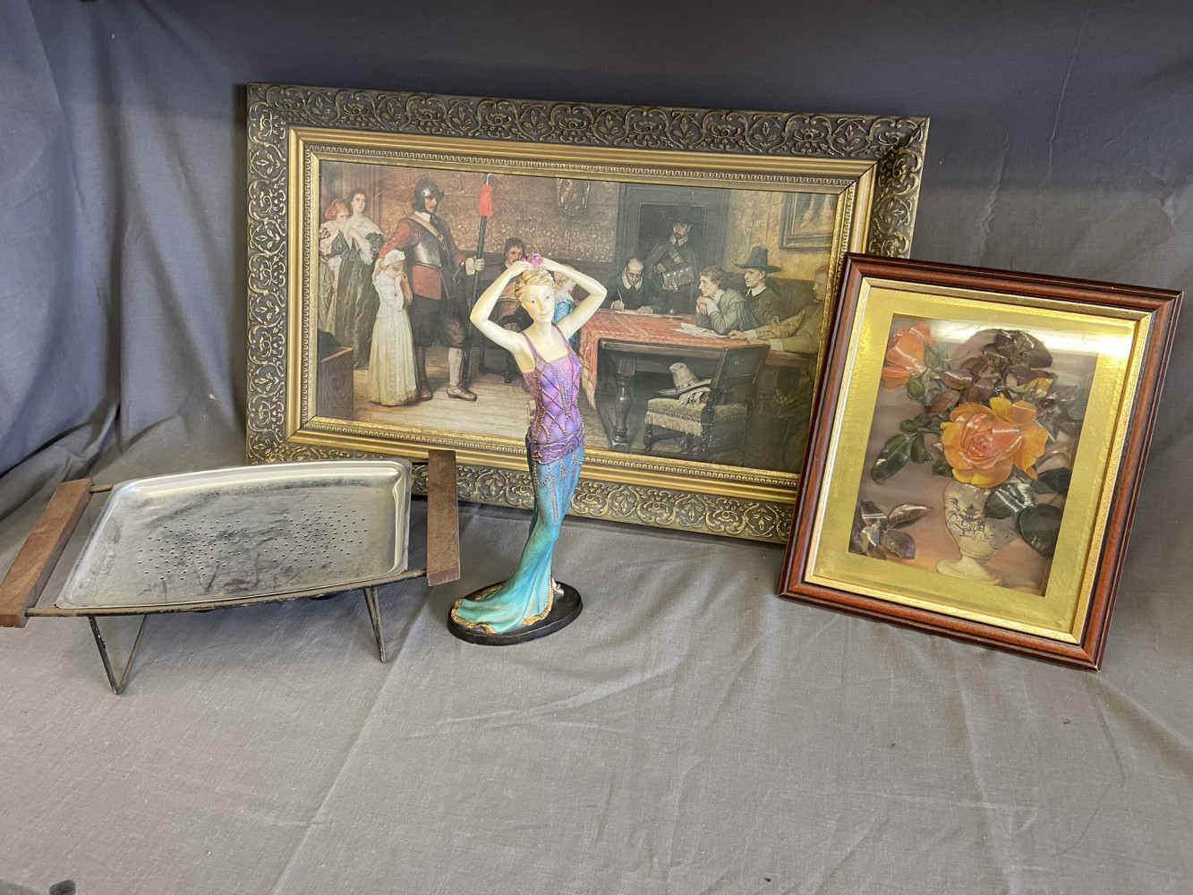 Vintage warming tray, 2 pictures and a figure