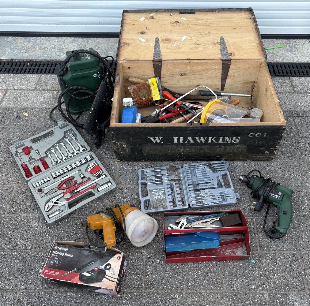 Large wooden trunk full size garden tools and other tools, cased tools, drill and stripper