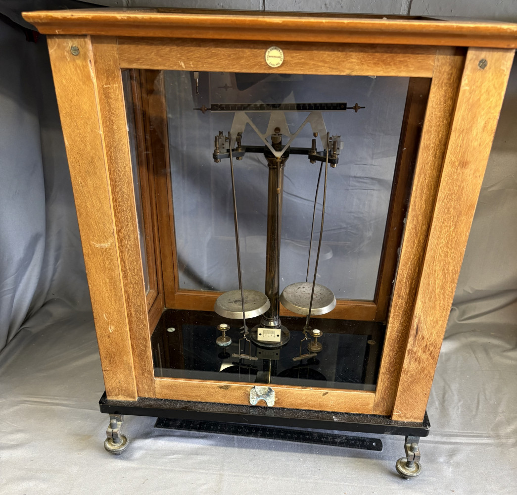 Vintage analytical laboratory balance scale made by Philip Harris Ltd of Birmingham