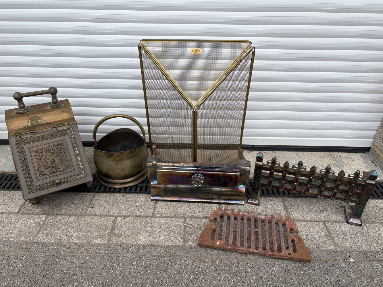 Fireplace and brass fire side sets including Genyk fire screen