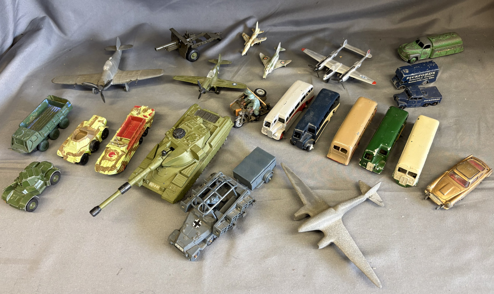 Military Dinky and Corgi, selection of buses and other play worn dinky and corgi and other toys