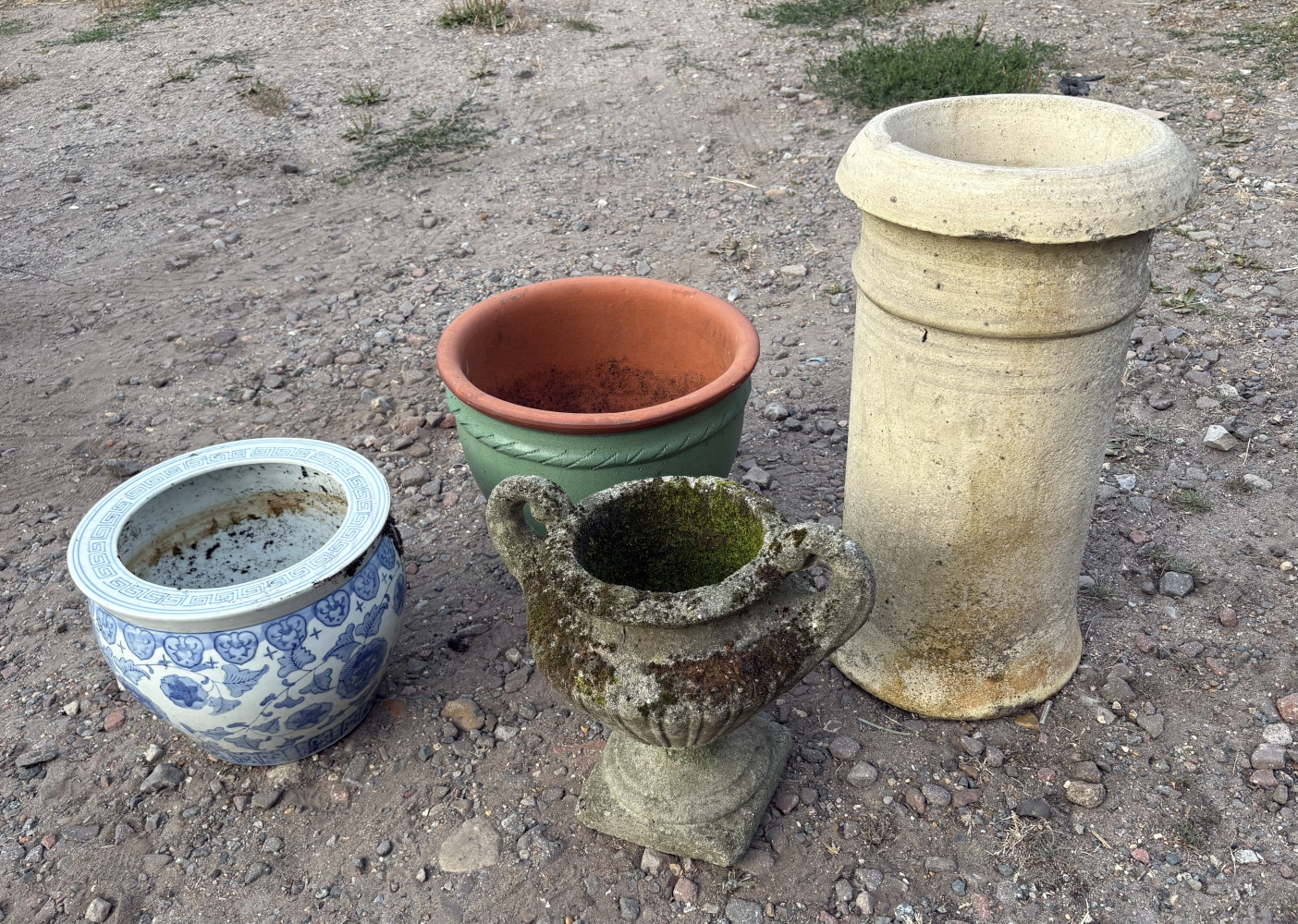 Chimney pot, concrete urn, ceramic pots and glazed garden pot